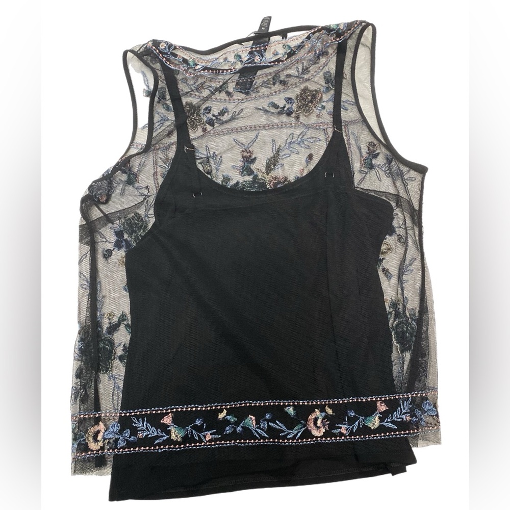 White House black market embroidered black tank with under layer - Picture 2 of 5